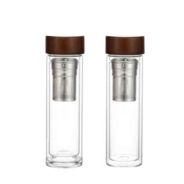 Hot Sale 450ml Bamboo Cover Double Wall Glass Water Bottle With Tea Cup Infuser